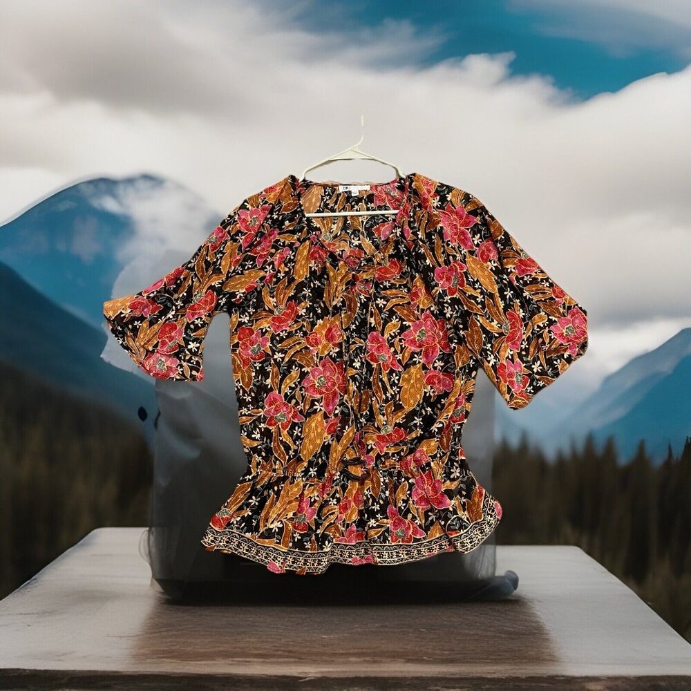DR2 Floral Print Tie Neck Peplum Flowy Top Size S - Bell Flutter Sleeves Boho